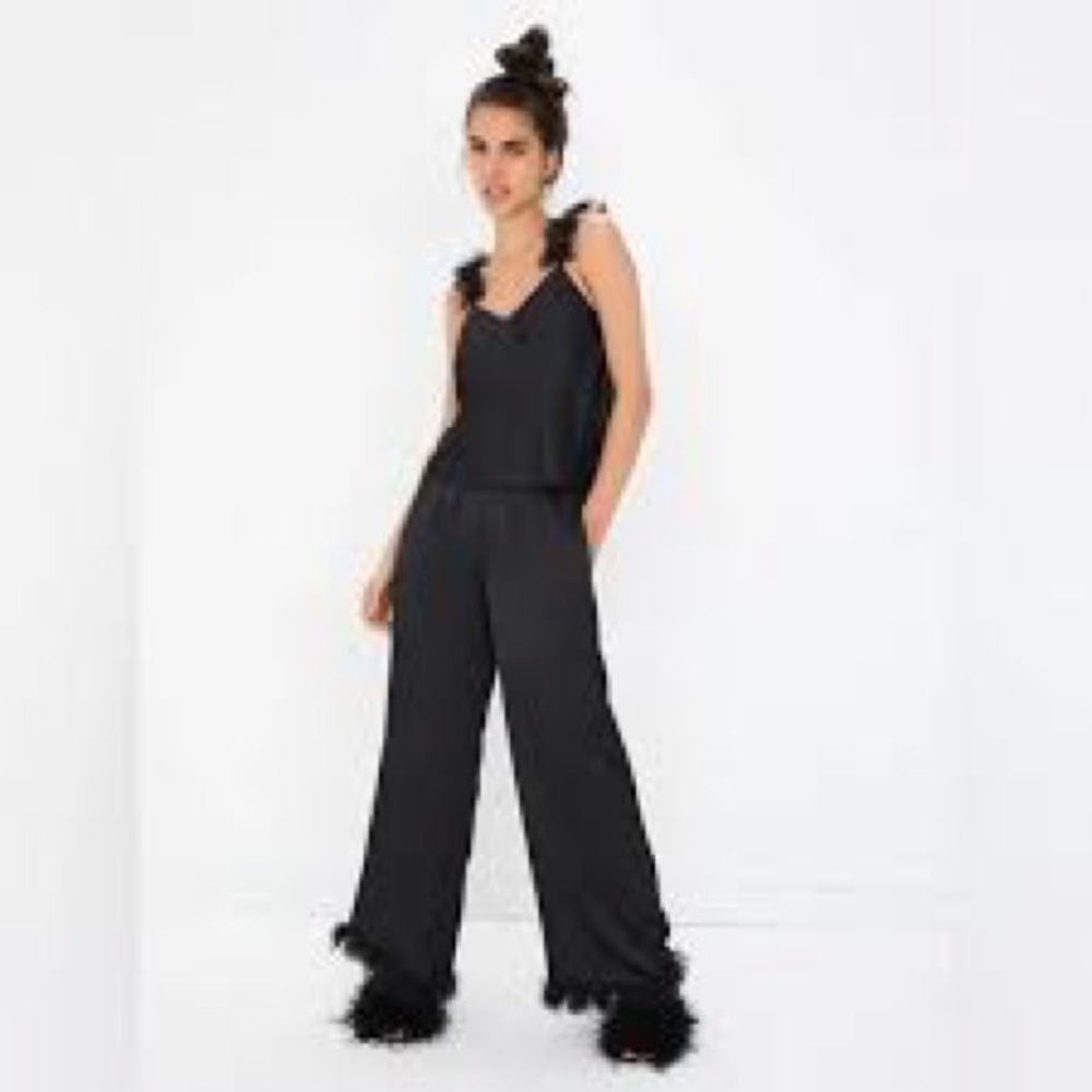 For Love And Lemons Floral Trim Black Satin Pajama Set Size Small